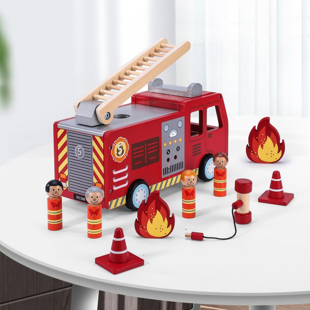 SOKA Wooden Fire Engine Truck with Firefighter Figurines Vehicle